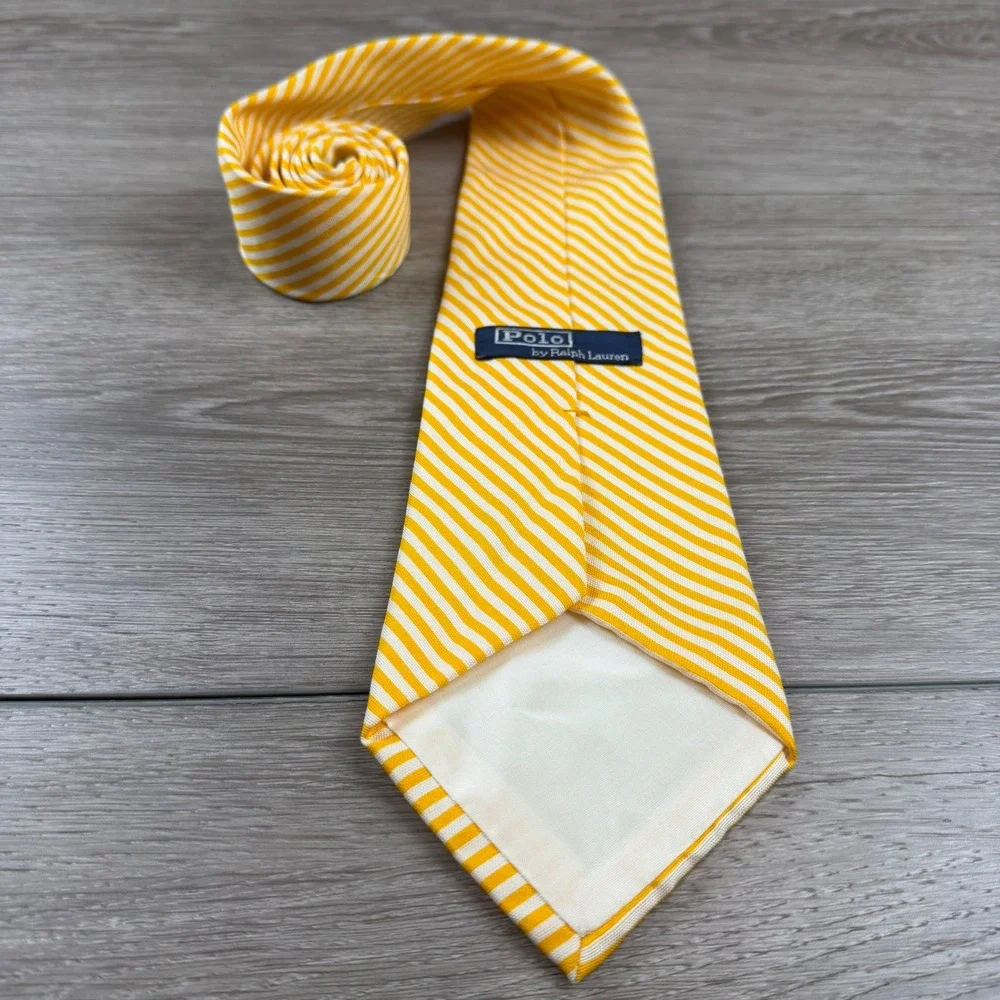 Polo Ralph Lauren Men Tie Silk Striped Yellow White One Size